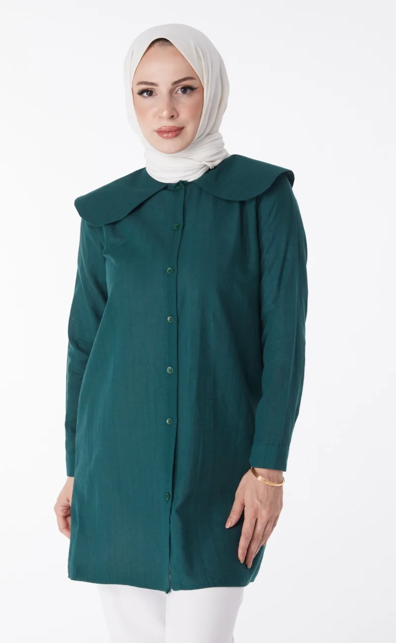Tofisa Plain Navy Collar Women's Green Shirt - 13169