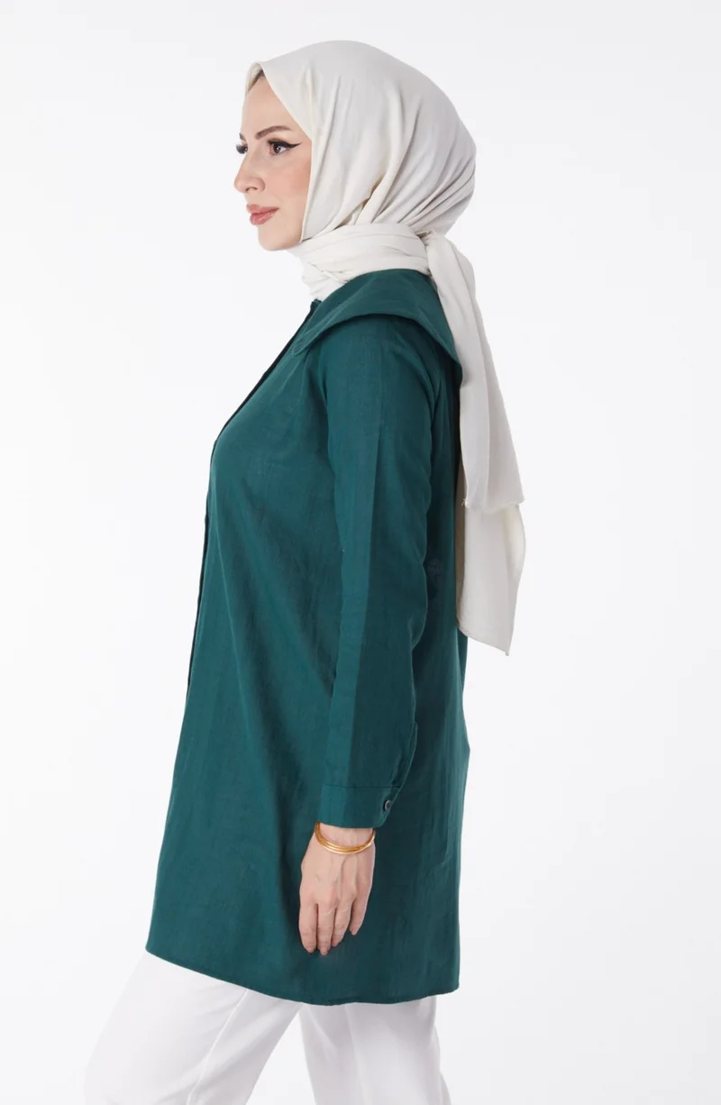 Tofisa Plain Navy Collar Women's Green Shirt - 13169