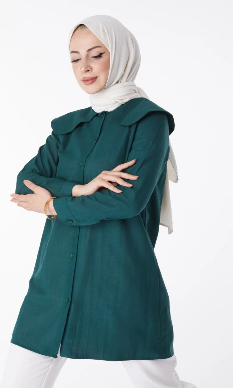 Tofisa Plain Navy Collar Women's Green Shirt - 13169