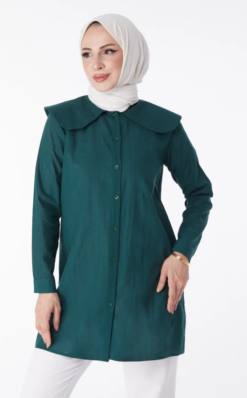 Tofisa Plain Navy Collar Women's Green Shirt - 13169