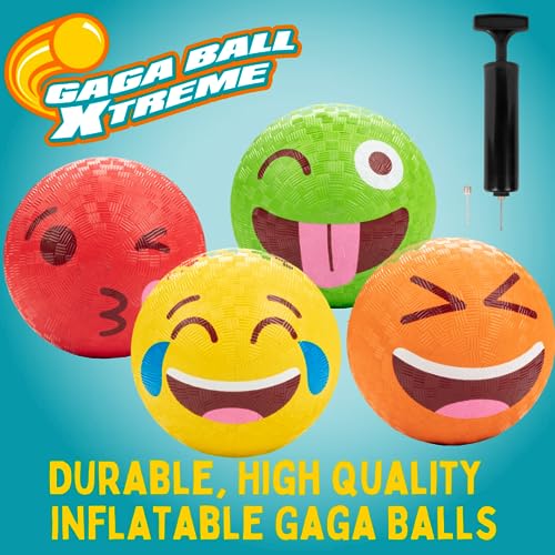 SCS Direct Silly Faces Playground Balls for Kids - 5 Inch Gaga Balls (4 Pk w Air Pump)- Durable Rubber Balls for Dodgeball, Handball, 4 Square, Outside School Recess Games, Kickball - Outdoor Toy & Gift for Kids - Image 2