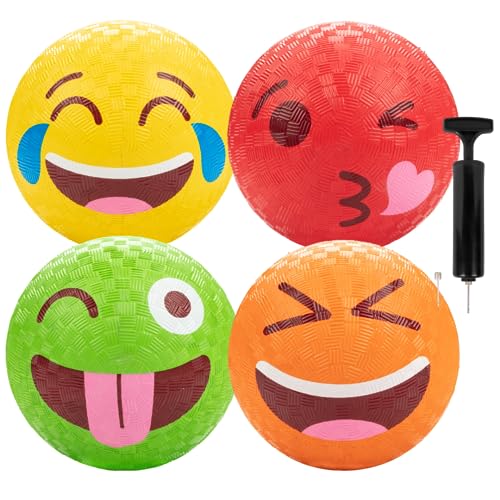SCS Direct Silly Faces Playground Balls for Kids - 5 Inch Gaga Balls (4 Pk w Air Pump)- Durable Rubber Balls for Dodgeball, Handball, 4 Square, Outside School Recess Games, Kickball - Outdoor Toy & Gift for Kids - Image 1
