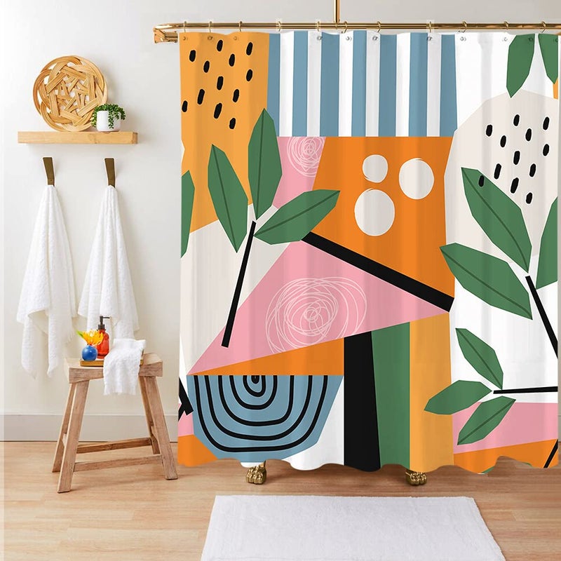 Miyotaa Abstract Minimalist Aesthetic Contemporary Shower Curtain Set 60Wx71H Inches Art Geometric Orange Leaves Plant Modern Polyester Waterproof Cloth Bathroom Curtain with 12 Hooks