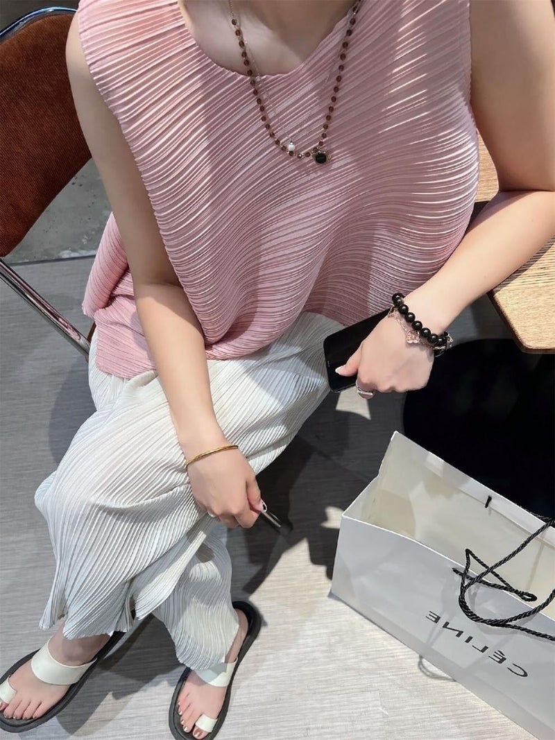 Miyake Pleated Top Irregular Short-sleeved Summer Pleated Loose Vest Cyber Popular Niche Crewneck Slim T-shirt Women Pink sleeveless vest 
