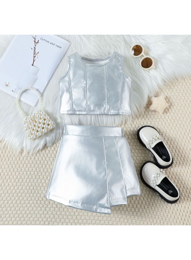 Trendy Kids Bright Silver PU Leather Sleeveless Vest Top with Irregular Pleated Skirt Two-piece Set