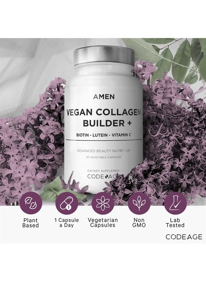 Amen - Plant-Based Vegan Collagen Builder Supplement - Organic Whole Foods, Lutein, Vitamin C, Biotin, Lysine, Proline Collagen Boosters - Organic Cranberry, Lemon, Strawberry - Once A Day - 30 Capsules - Image 1