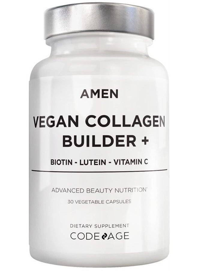 Amen - Plant-Based Vegan Collagen Builder Supplement - Organic Whole Foods, Lutein, Vitamin C, Biotin, Lysine, Proline Collagen Boosters - Organic Cranberry, Lemon, Strawberry - Once A Day - 30 Capsules - Image 1