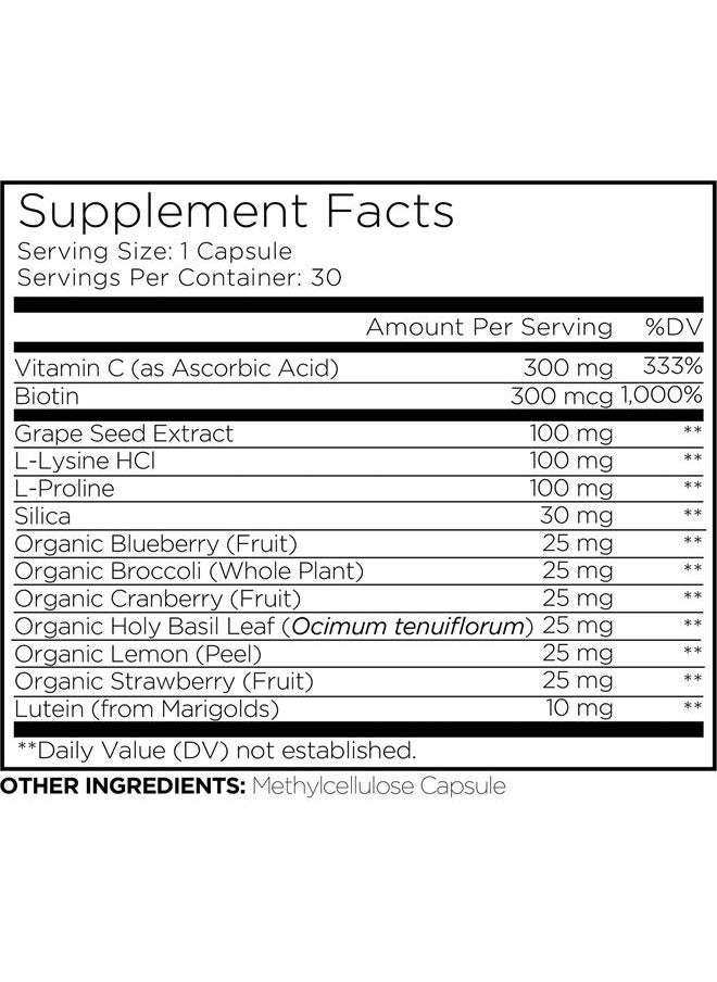 Amen - Plant-Based Vegan Collagen Builder Supplement - Organic Whole Foods, Lutein, Vitamin C, Biotin, Lysine, Proline Collagen Boosters - Organic Cranberry, Lemon, Strawberry - Once A Day - 30 Capsules - Image 1