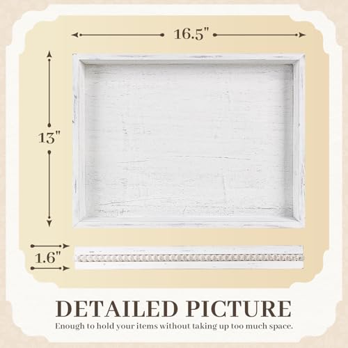CEDARLUX Wooden Decorative Tray Rectangular Serving Tray with Wood Bead Farmhouse Big Tray for Ottoman Countertop Coffee Tabl 165 x 13x 16 Retro White - Image 3