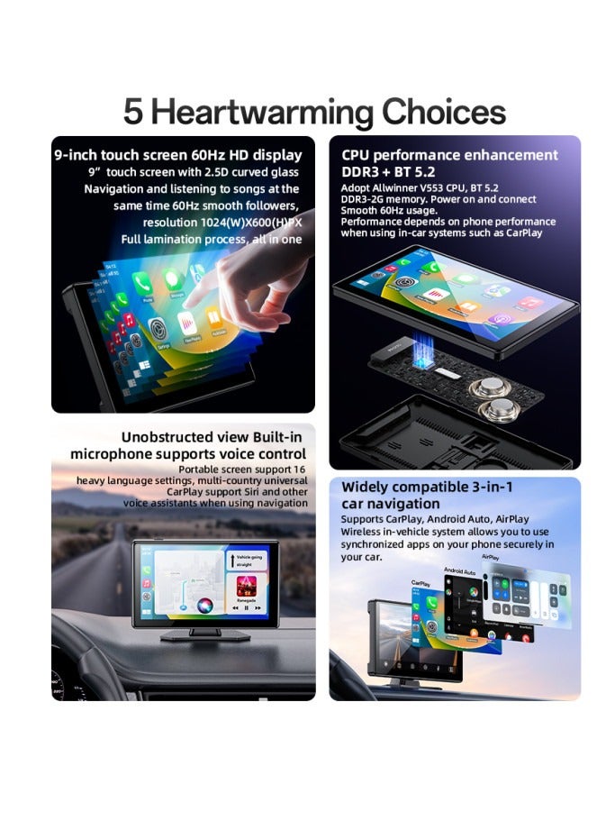 9" (inches) Touch Screen Center Console CarPlay with Rear Camera, Portable Car Video Navigation with Driving Recorder, KM18 - Black Bluetooth Car Stereo Carplay Player with Rear Camera BT HD Display With Front And Rear Backup Camera 9inch 4in1 Car Audio/video Navigation Carplay - Image 3