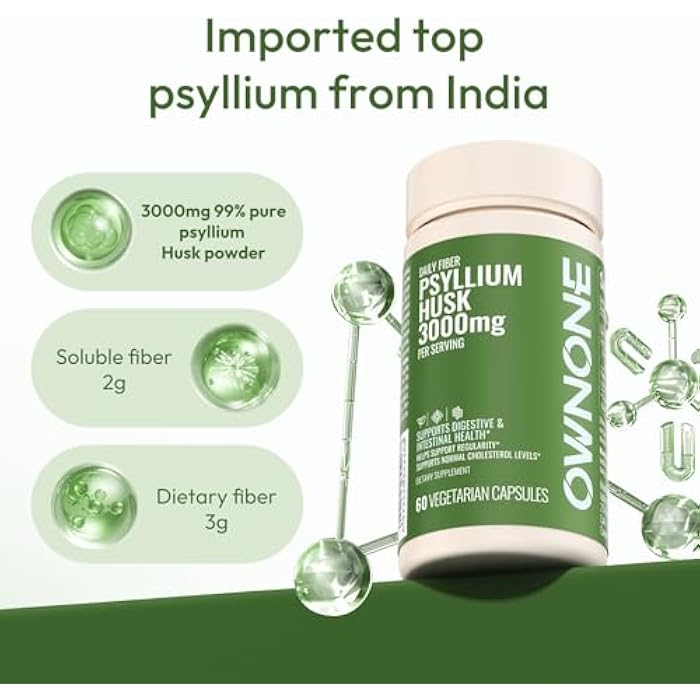 OWNONE Psyllium Husk Capsules, Natural Fiber Supplement for Women & Men, 3000mg Psyllium Husk Powder per Serving, Vegan Colon Cleanser, Fiber Capsules for Overall Digestive Health, Easing Constipation - Image 2