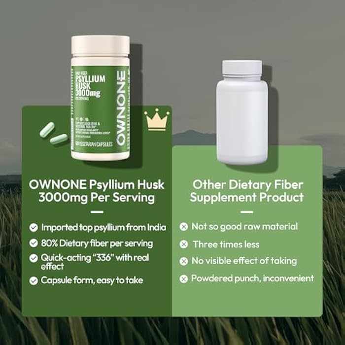OWNONE Psyllium Husk Capsules, Natural Fiber Supplement for Women & Men, 3000mg Psyllium Husk Powder per Serving, Vegan Colon Cleanser, Fiber Capsules for Overall Digestive Health, Easing Constipation - Image 5