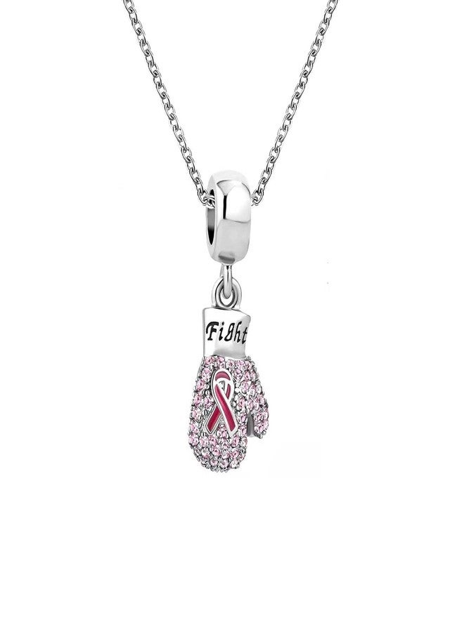 KunBead Boxing Glove Fight Breast Cancer Awareness Pink Ribbon Crystal Charm 18 inch Pendant Necklace for Women - Image 1