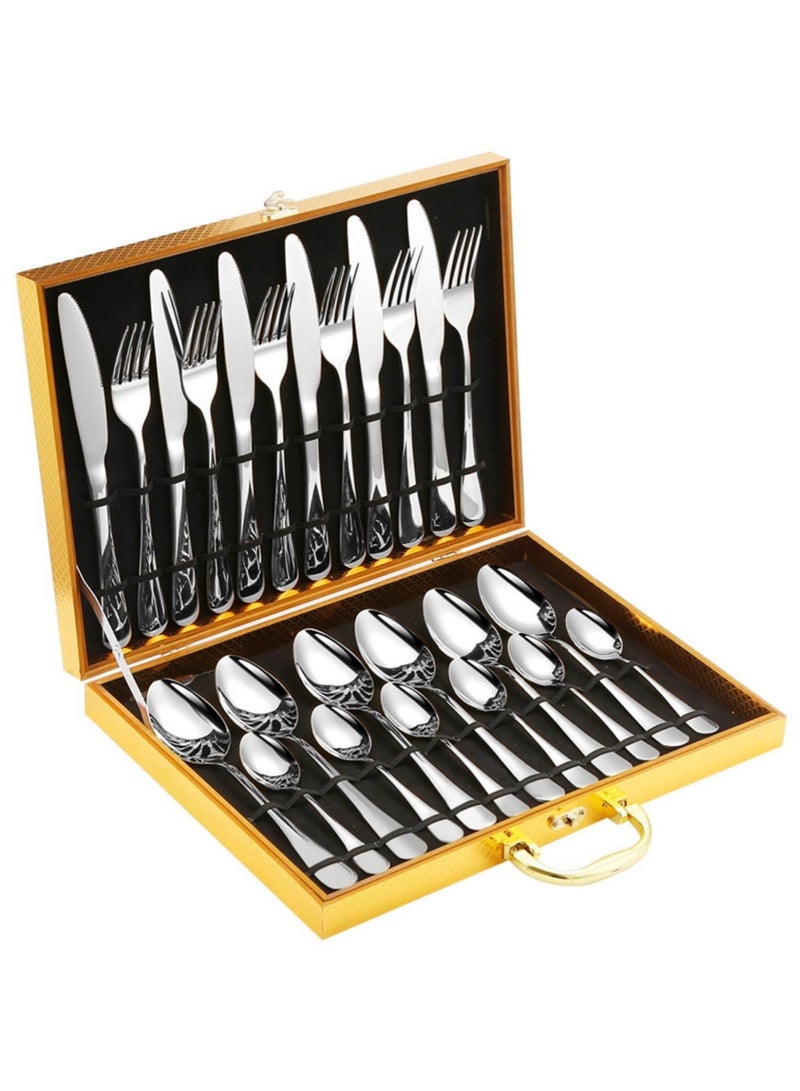 YOONISPRO 24-Piece Stainless Steel Cutlery Set Kitchen Utensils Set Surface Texture-Free Tableware Suitable For Home Kitchen Restaurant Hotel Family Gatherings Picnic Dining Protective Storage Case (Silver) - Image 1