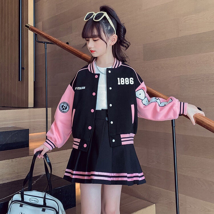 Girls Sporty Baseball Jacket  Pleated Skirt Set Pink suit [no package]]