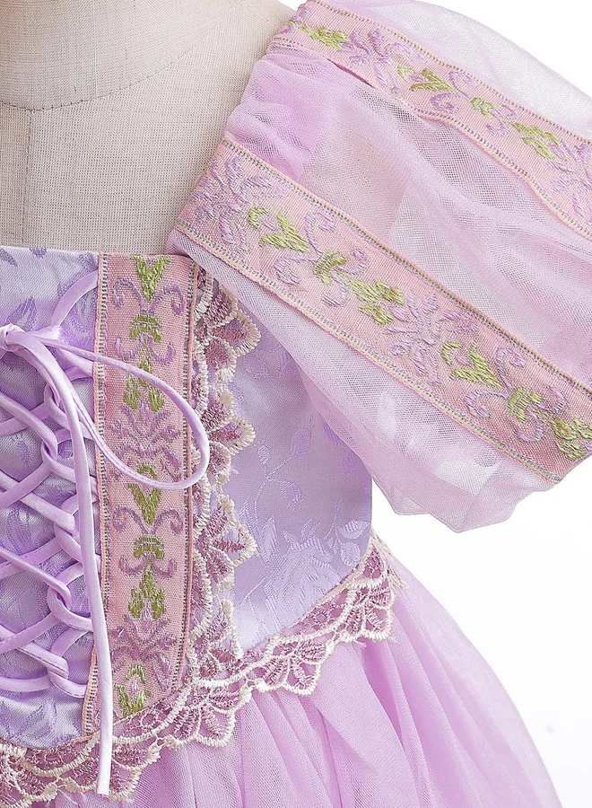 Take Two Girls Puff Sleeve Lace Trim Tie Front Princess Party Dress