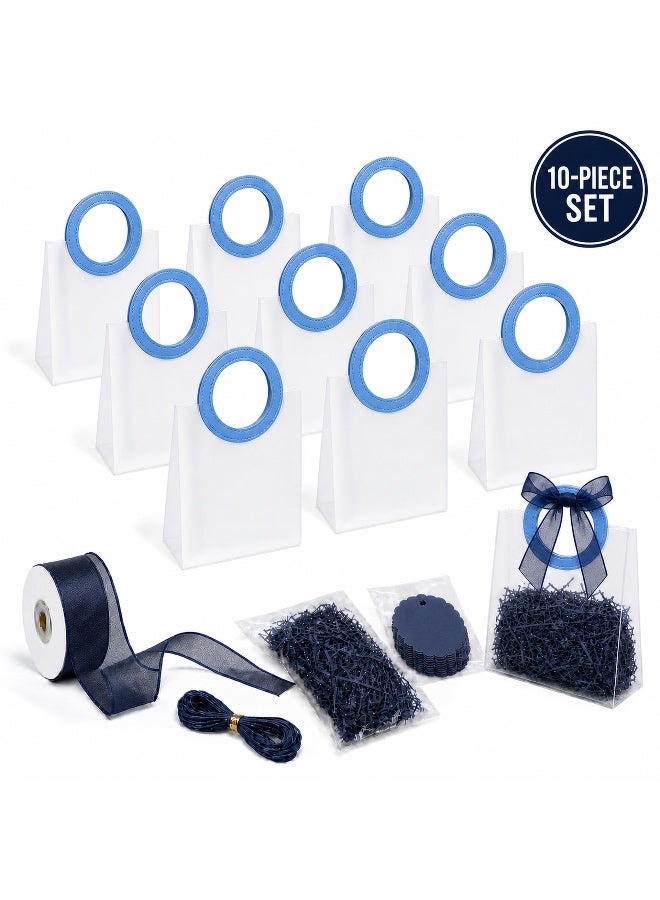 KeyAmor 10 Piece Transparent Matte Gift Bags Set with Round Blue Leather Handles Ribbon Tags Rope and Raffia Grass 14 x 7 x 16 cm - Image 1
