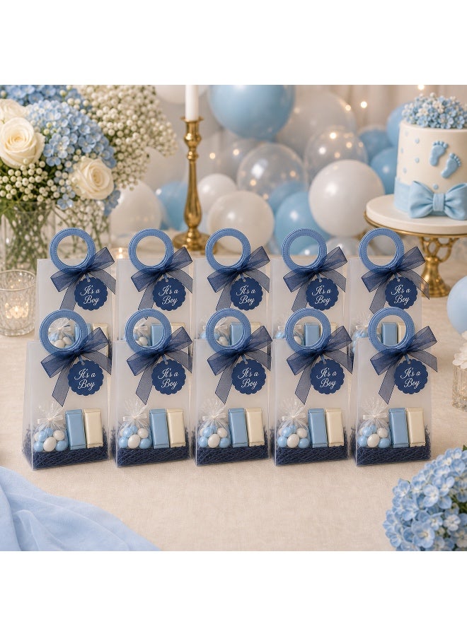 KeyAmor 10 Piece Transparent Matte Gift Bags Set with Round Blue Leather Handles Ribbon Tags Rope and Raffia Grass 14 x 7 x 16 cm - Image 4