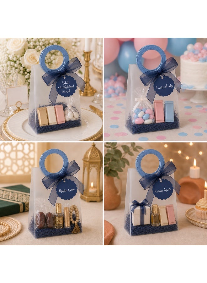 KeyAmor 10 Piece Transparent Matte Gift Bags Set with Round Blue Leather Handles Ribbon Tags Rope and Raffia Grass 14 x 7 x 16 cm - Image 3