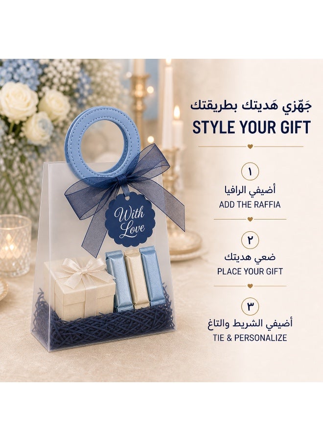 KeyAmor 10 Piece Transparent Matte Gift Bags Set with Round Blue Leather Handles Ribbon Tags Rope and Raffia Grass 14 x 7 x 16 cm - Image 5
