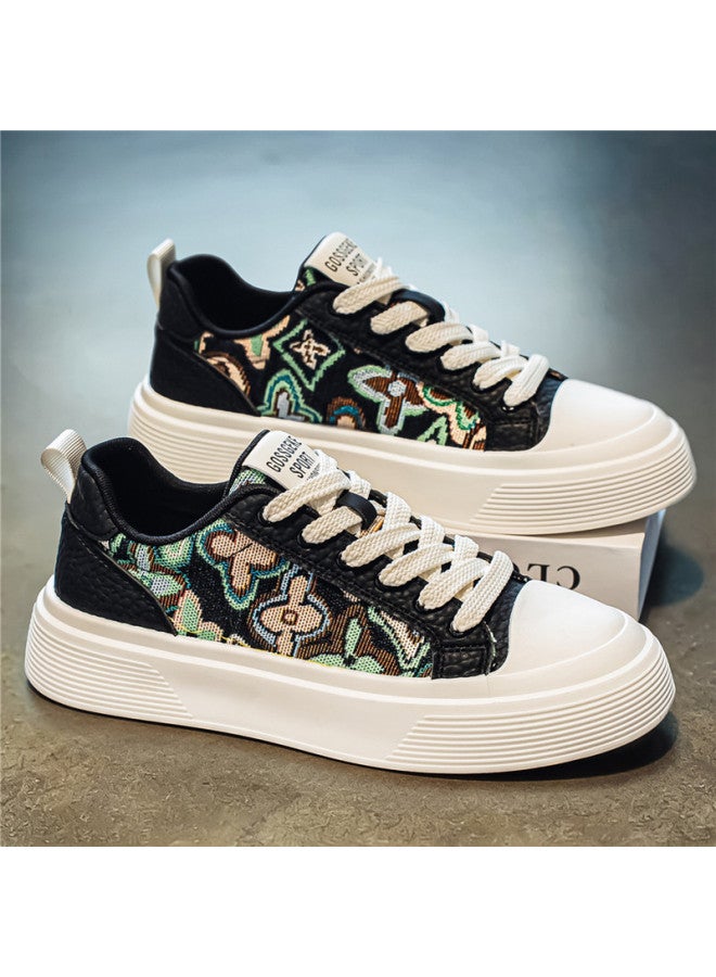 Canvas Men's Shoes, Summer Breathable Thin Style, Black Embroidered Print Cloth Shoes, Height-increasing Soft Sole Sports Casual Skate Shoes