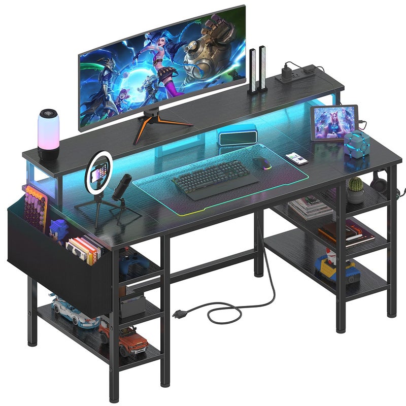 Lufeiya Gaming Desk with LED Lights and Storage Shelves 47 inch Computer Desk with Power Outlets Home Office Desk with Monitor Stand Writing Table PC Desks Black