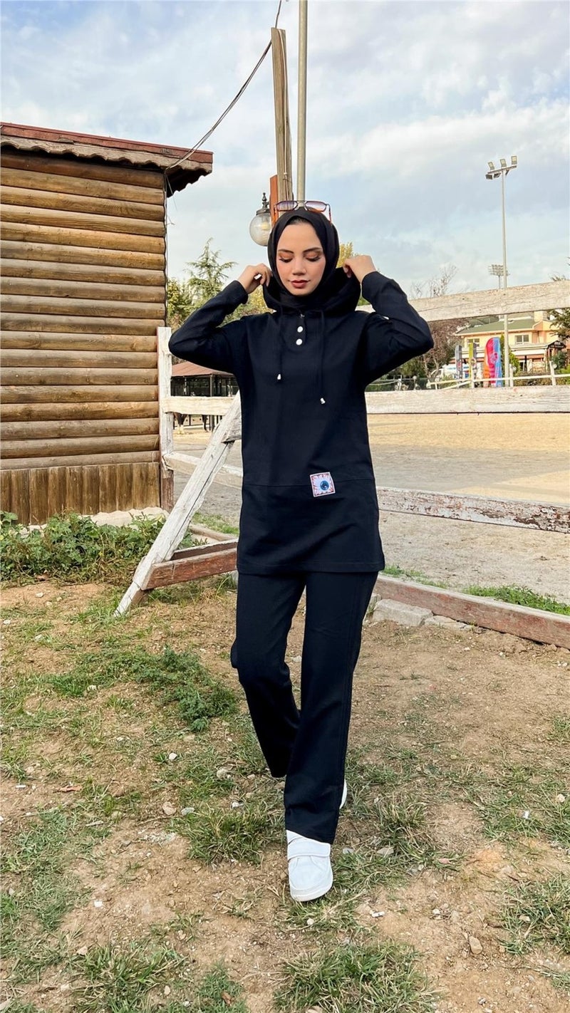 Bwest Hooded Snap Plain Basic Double Tracksuit Sportswear Set - 3036 - Black - Image 3