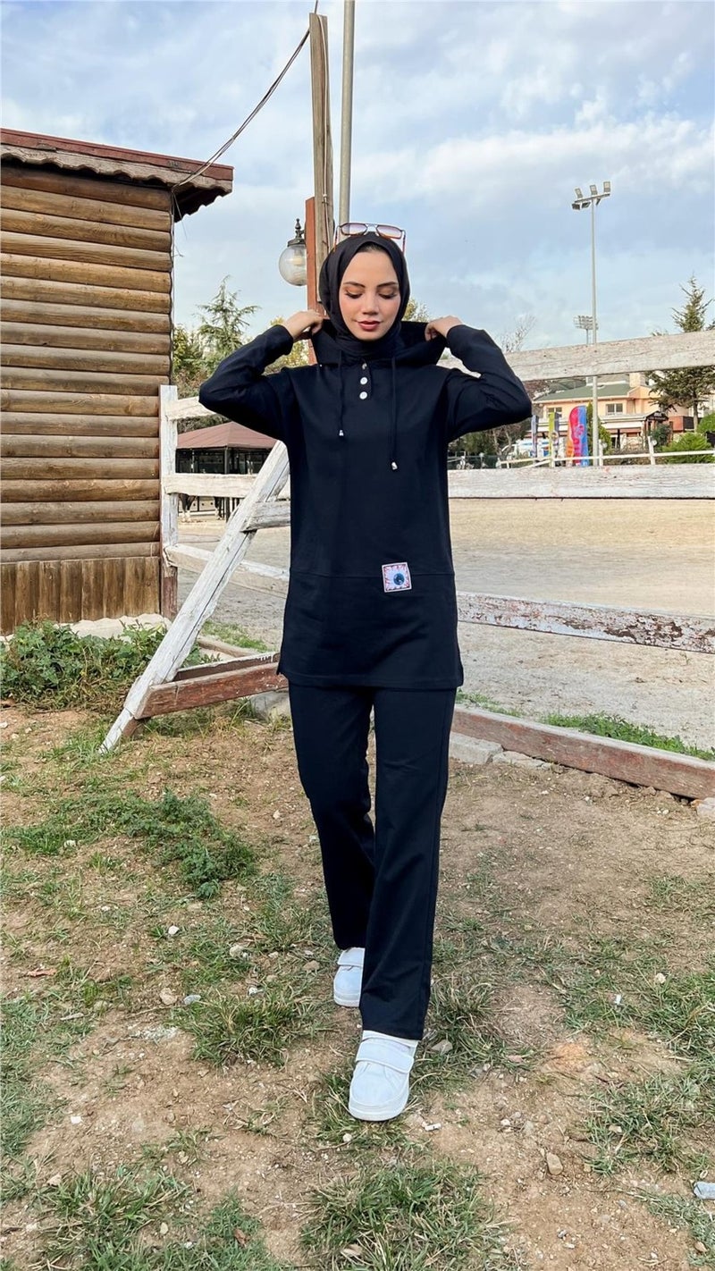 Bwest Hooded Snap Plain Basic Double Tracksuit Sportswear Set - 3036 - Black - Image 4