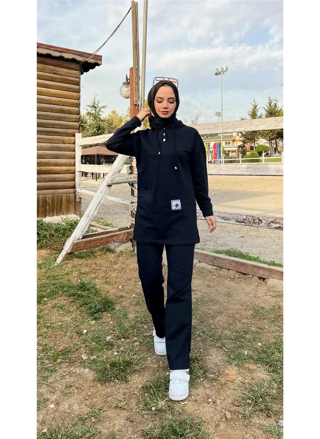 بي ويست Hooded Snap Plain Basic Double Tracksuit Sportswear Set - 3036 - Black
