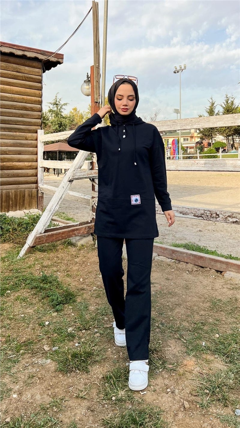 Bwest Hooded Snap Plain Basic Double Tracksuit Sportswear Set - 3036 - Black - Image 1