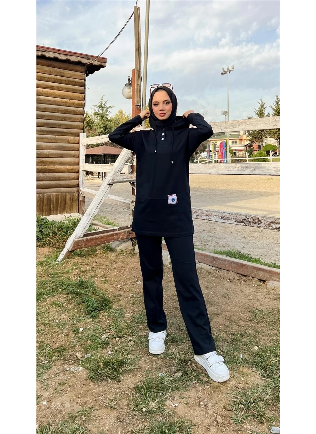 بي ويست Hooded Snap Plain Basic Double Tracksuit Sportswear Set - 3036 - Black