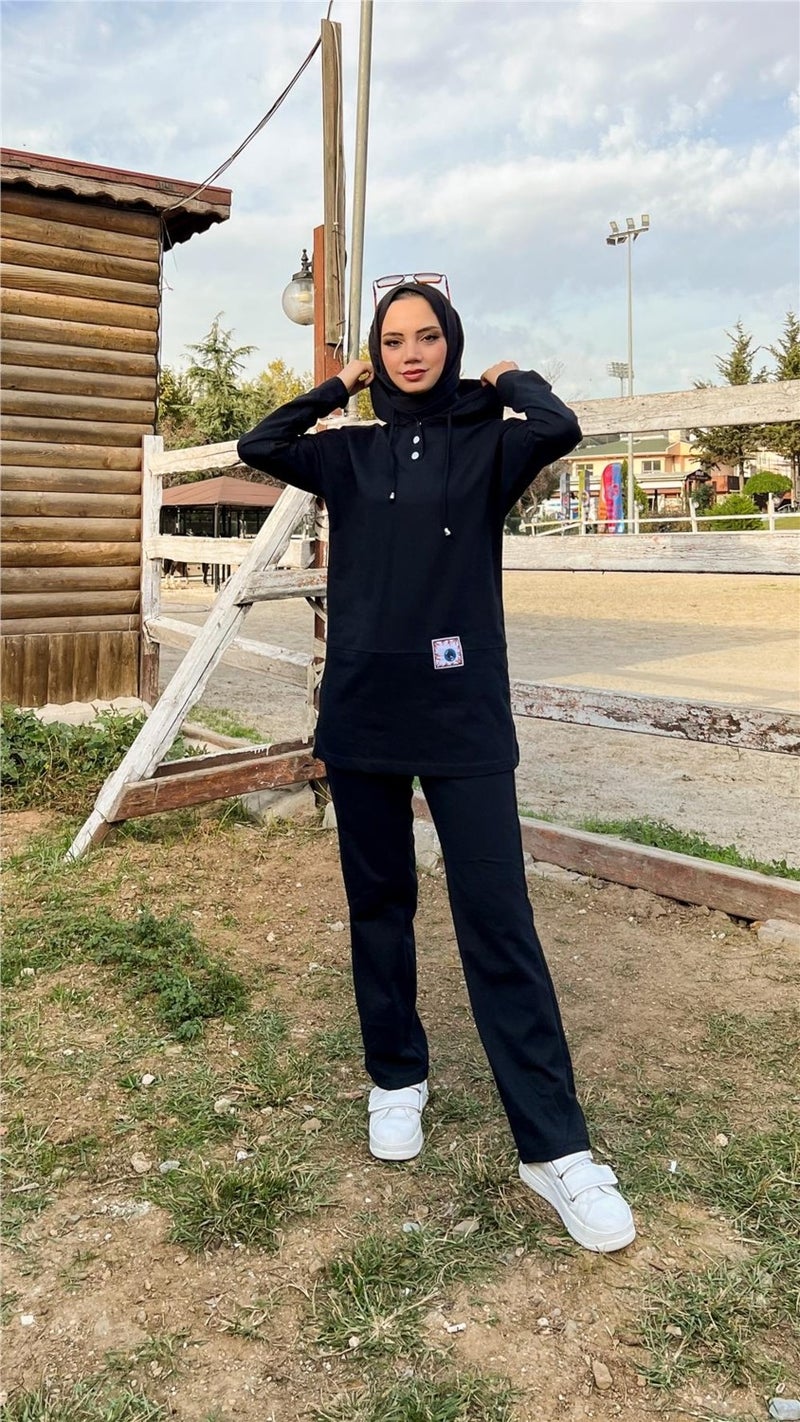 Bwest Hooded Snap Plain Basic Double Tracksuit Sportswear Set - 3036 - Black - Image 2