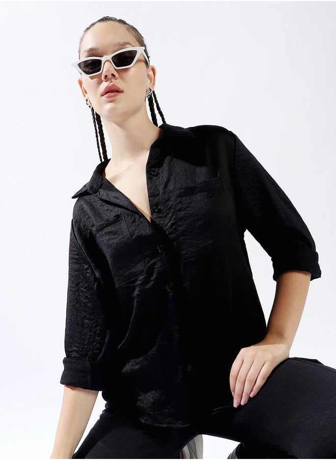 Hubberholme Women Relaxed Fit Textured Satin Casual Shirt  - Image 1