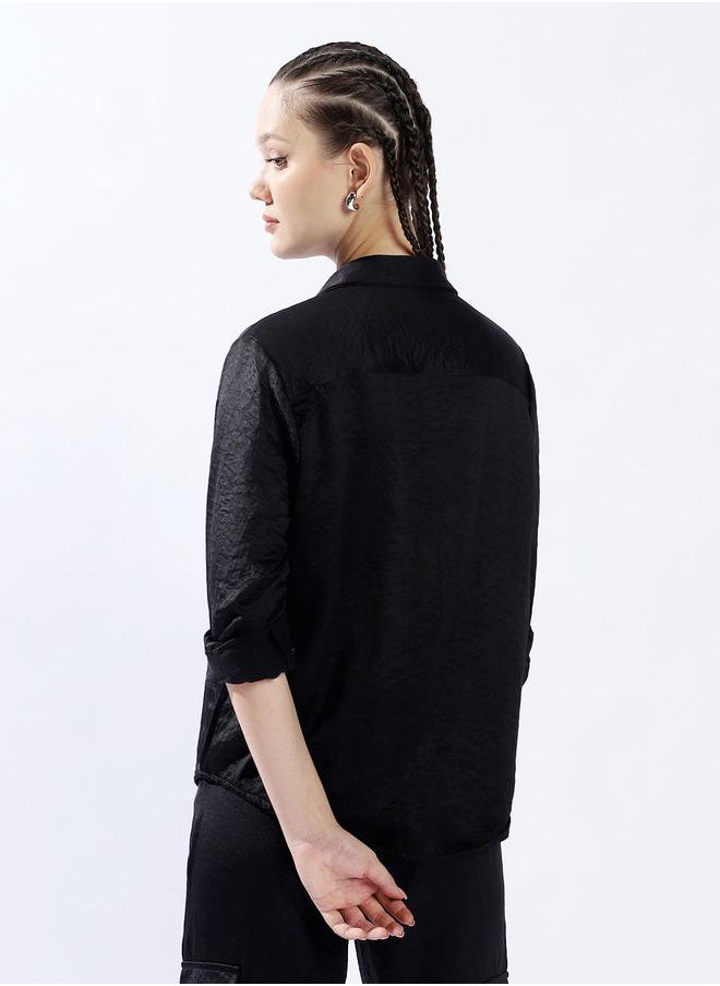 Hubberholme Women Relaxed Fit Textured Satin Casual Shirt  - Image 3