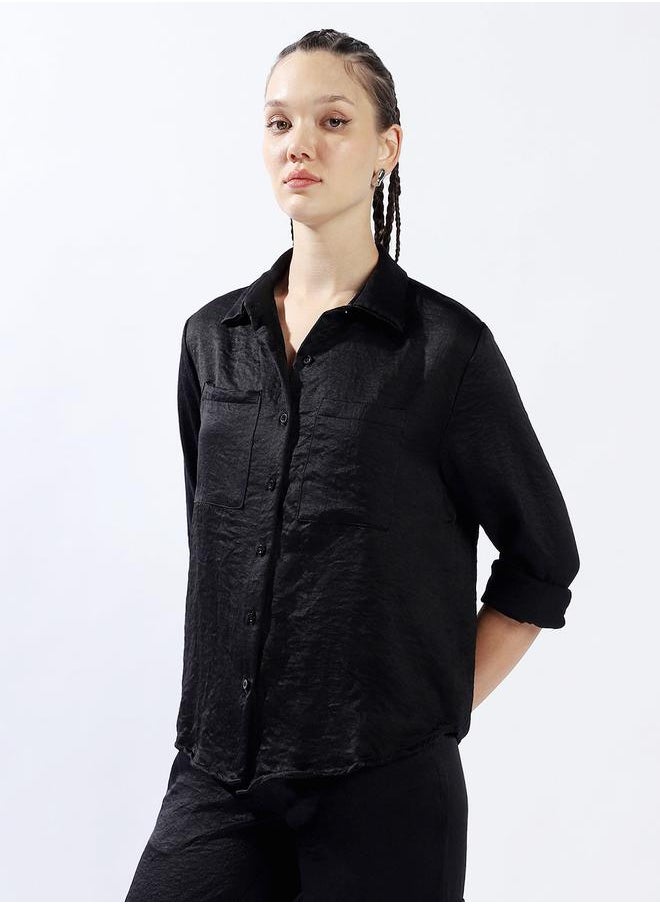 Hubberholme Women Relaxed Fit Textured Satin Casual Shirt  - Image 2