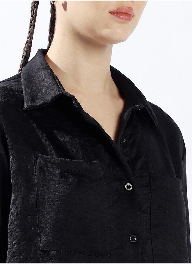 Hubberholme Women Relaxed Fit Textured Satin Casual Shirt  - Image 5