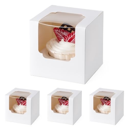 BOOMIBOO 50 Pack Individual Cupcake Containers Cupcake Boxes with Window Food Grade Cupcake Holders with Inserts Stackable Deep Cupcake Carrier White