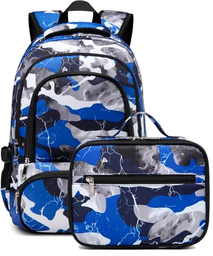 BLUEFAIRY Boys Backpack with Lunch Box for Kids Elementary Middle School Bags Set Child Book Bags Back to School Gifts Mochila Escolar para Nios Adolescentes Camo Blue - Image 1