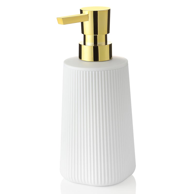 YAUKPH Small Soap Dispenser for Bathroom and Kitchen, Modern Farmhouse Striped Style Plastic Hand Soap Dish Soap Dispenser with Pump Matte White and Gold - Image 1