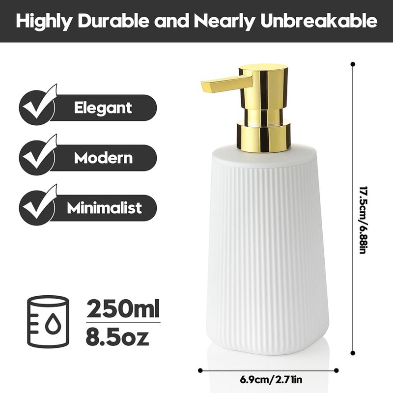 YAUKPH Small Soap Dispenser for Bathroom and Kitchen, Modern Farmhouse Striped Style Plastic Hand Soap Dish Soap Dispenser with Pump Matte White and Gold - Image 3