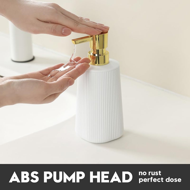 YAUKPH Small Soap Dispenser for Bathroom and Kitchen, Modern Farmhouse Striped Style Plastic Hand Soap Dish Soap Dispenser with Pump Matte White and Gold - Image 4