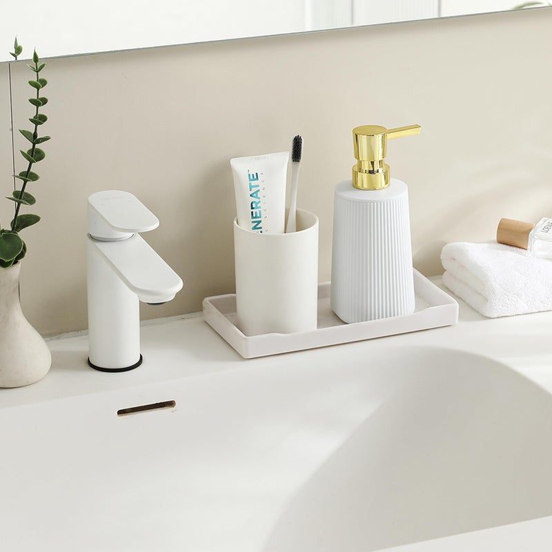 YAUKPH Small Soap Dispenser for Bathroom and Kitchen, Modern Farmhouse Striped Style Plastic Hand Soap Dish Soap Dispenser with Pump Matte White and Gold - Image 2