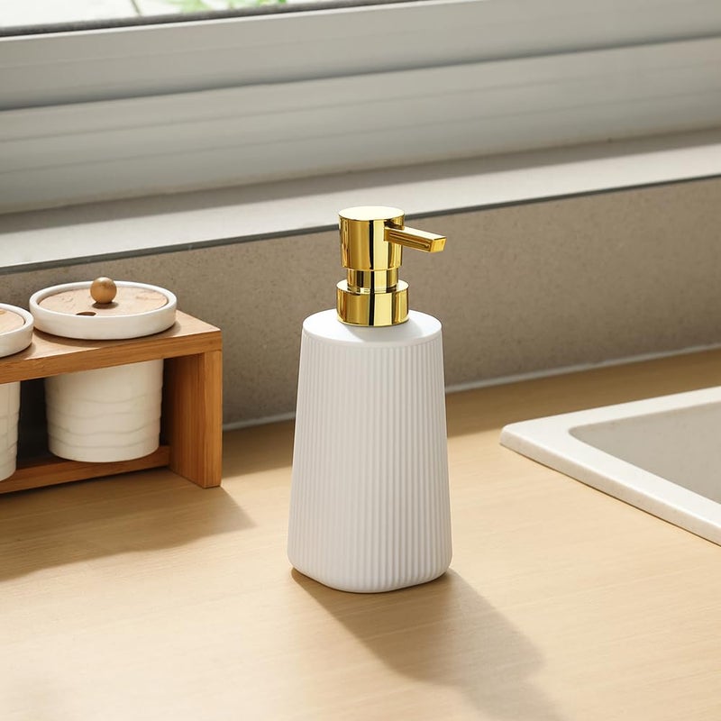 YAUKPH Small Soap Dispenser for Bathroom and Kitchen, Modern Farmhouse Striped Style Plastic Hand Soap Dish Soap Dispenser with Pump Matte White and Gold - Image 5
