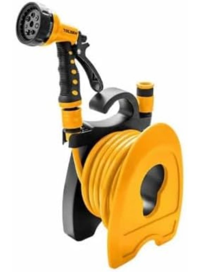 Tolsen Mini Garden Hose Set with Spray Nozzle, Wall-Mounted Reel, Yellow and Black