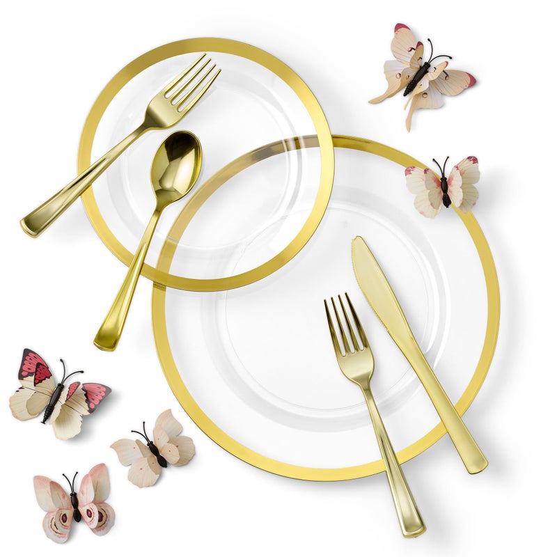 By Madee HEAVYWEIGHT 150 Pc Clear and Gold Plastic Plates  Nice Disposable Plates and Cutlery Set  Perfect for Wedding Birthday Mothers Day  Gift of 3d Butterflies for Table Decor 25 Guests