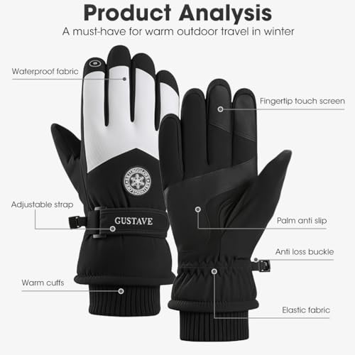 Gustave® Winter Gloves for Men - Fleece Lined, Touch Screen, Waterproof & Windproof Warm Gloves with Anti-Slip Grip for Riding, Hiking, Ski - Black & White Stylish Design, Free Size - Image 2