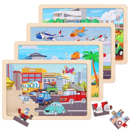 NASHRIO Wooden Educational Jigsaw Puzzles for Preschool Kids Ages 35 4Pack with 20 Pieces Transportation Wood Puzzles Set Toddler Brain Teaser Toys Preschool Gifts for Boys Girls Ages 3 4 5 6 - Image 1