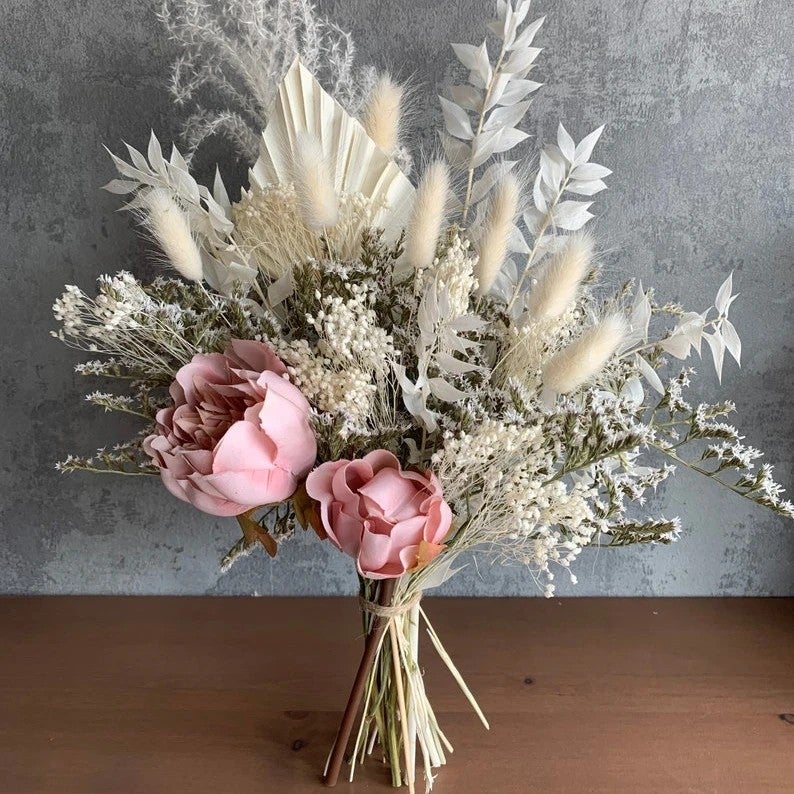 Bluejw Dry Preserved Real Flowers Bouquet - Pampas Grass, Mixed Roses, Dried Plants - Small Vase Filler, Table Centerpiece - Image 2