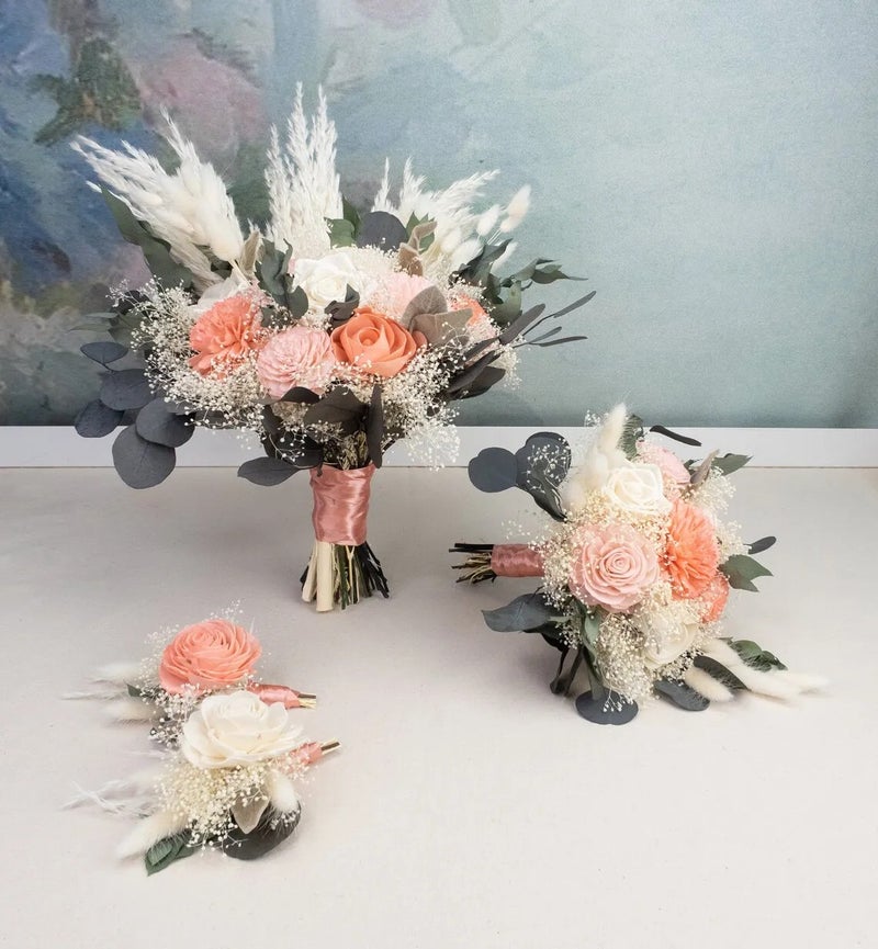 Bluejw Dry Preserved Real Flowers Bouquet - Pampas Grass, Mixed Roses, Dried Plants - Small Vase Filler, Table Centerpiece - Image 3