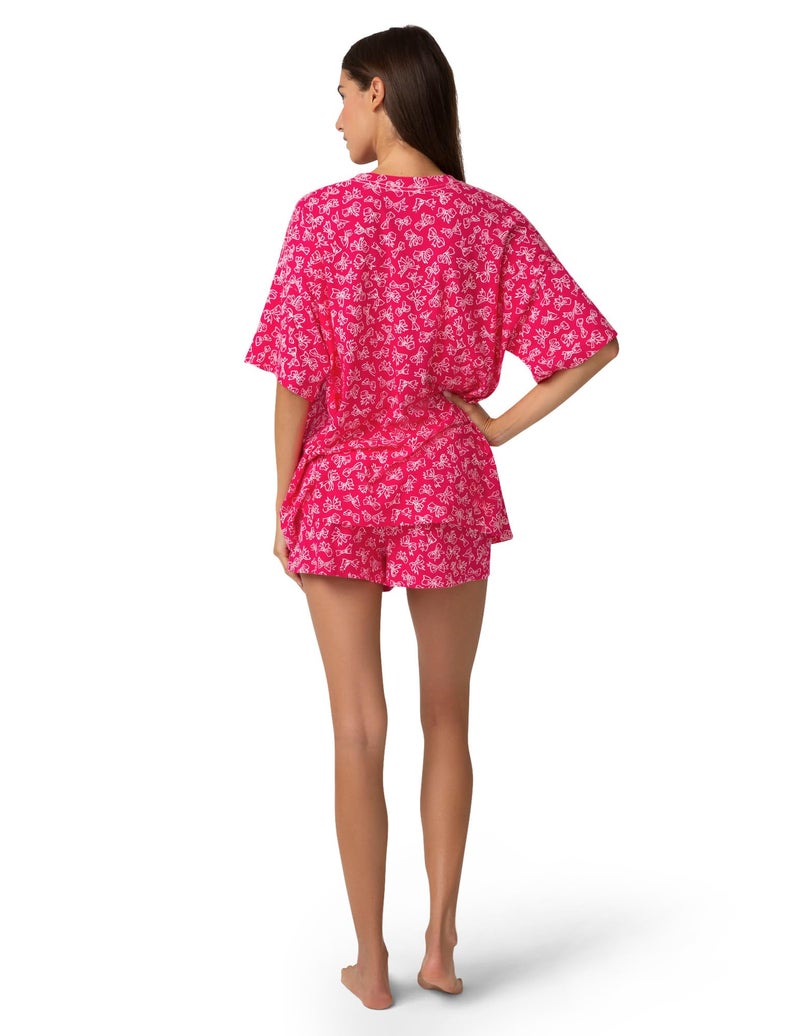 HUE Women's Oversized PJ Tee and Boxer Short 2 Piece Pajama Set, Bright Rose - Put A Bow On It, Medium - Image 2